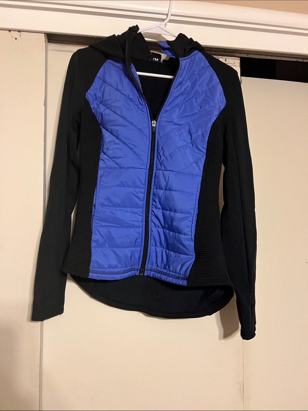Fila Women's Black and Blue Quilted Hybrid Hoodie Jacket